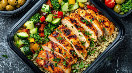 Grilled chicken slices on couscous with fresh vegetables and herbs create vibrant meal prep