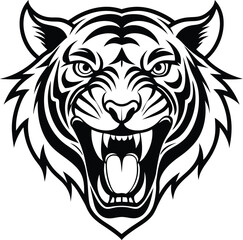 Powerful tiger head graphic roaring in black and white.