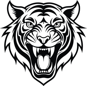 Powerful tiger head graphic roaring in black and white.