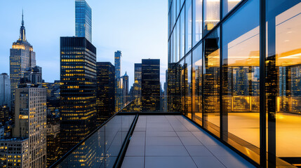 Modern skyscrapers reflect city lights at dusk, showcasing vibrant urban skyline