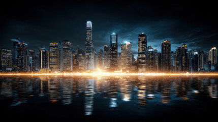Obraz premium Vibrant city skyline illuminated night, reflecting water, showcasing modern architecture