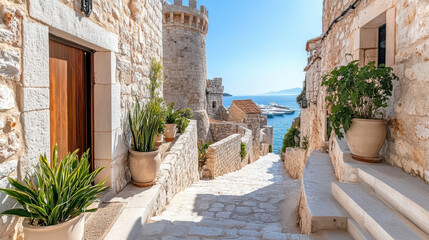 Historic stone buildings and scenic view of sea create charming atmosphere