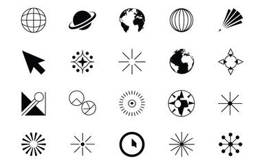 Cosmic and Scientific Symbol Icon Set – Silhouettes of Atoms, Stars, Planets, and Abstract Patterns