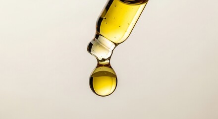 Close-up of a glass dropper with a viscous, golden liquid about to drip against a neutral background.