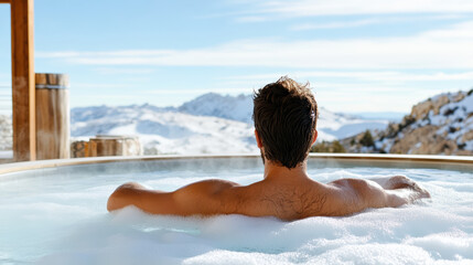 Relaxing man in hot spring with mountain views, enjoying serene winter landscape