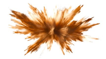 An explosion of copper powder creates a dynamic burst against a transparent background showcasing fine particles and abstract form.