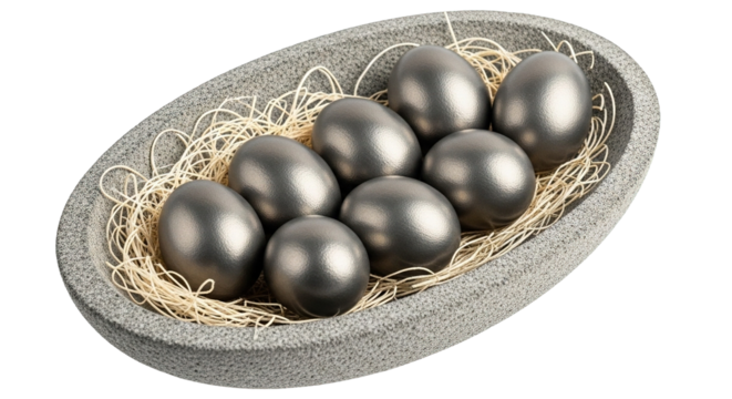 A collection of shiny silver metallic eggs nestled in straw within a stone bowl, isolated on transparent background