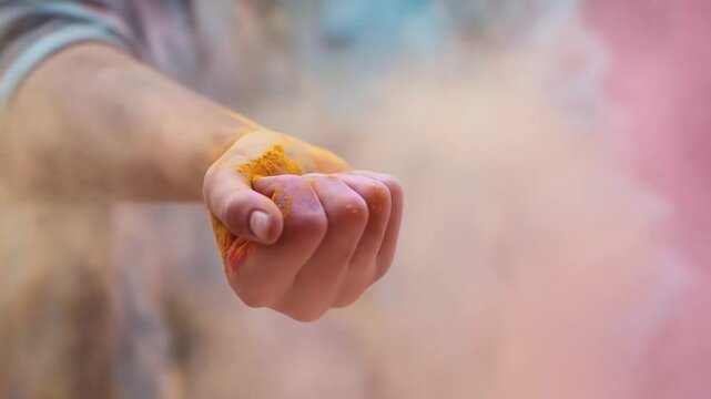 Hands throwing colorful powder, holi festival colors celebration and vibrant pigments