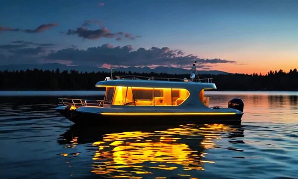 A boat on a body of water at sunset, with the sky and water reflecting the orange and purple hues of the setting sun. The boat has a modern design and is illuminated from within, casting a warm glow