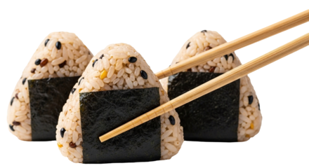 Three delicious japanese onigiri rice balls with seaweed wrappers, one held by chopsticks, isolated on a transparent background