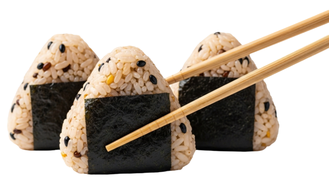 Three delicious japanese onigiri rice balls with seaweed wrappers, one held by chopsticks, isolated on a transparent background - Powered by Adobe