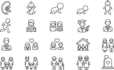 Vector art of a series of outline icons depicting the human life cycle from infancy to old age, including family and career milestones isolated on white background