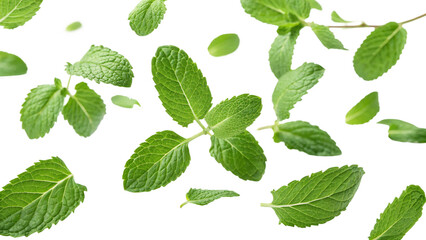 flying fresh mint leaves isolated on transparent background PNG