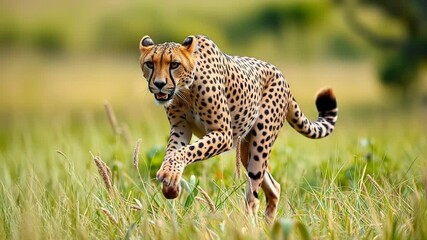 A cheetah sprints through tall dry grass in a savanna with its mouth open - Powered by Adobe