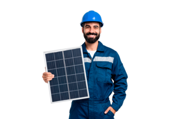 Young man engineer holding solar panel on transparent background, PNG
