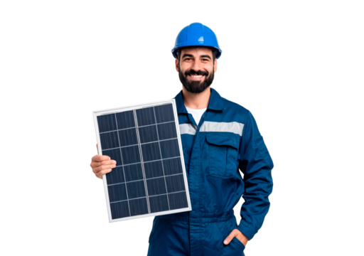 Young man engineer holding solar panel on transparent background, PNG - Powered by Adobe