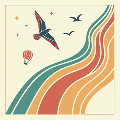 Retro Style Illustration of Birds Flying With a Hot Air Balloon Over Colorful Curved Lines, Minimalist Aesthetic