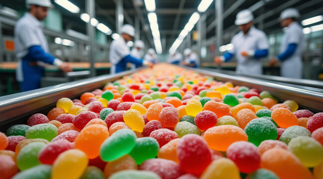 Colorful Candy Production Line with Workers Sorting Jelly Beans in Factory