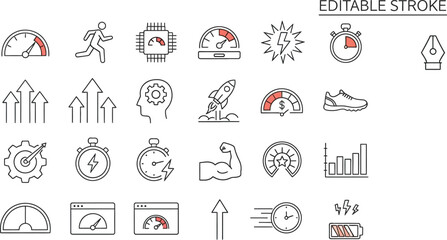Vector art of a collection of performance and speed icons representing progress, technology, and success isolated on white background