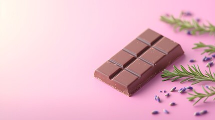 A delicious chocolate bar with rosemary and lavender on a pink background
