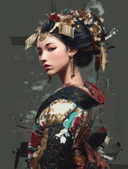 Abstract Geisha Portrait with Ornate Kanzashi and Textured Kimono on Grey Background