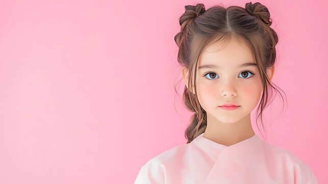 Beautiful young girl with brown hair and big eyes on pink background