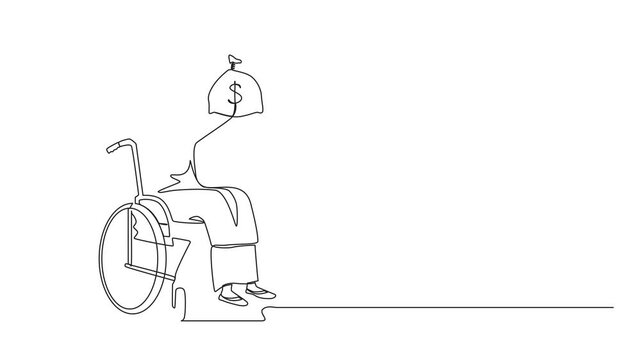 Self drawing animation of one line drawing Arab businesswoman holding dollar money bag. Disability insurance benefit payments for disabled wheelchair woman. Single line draw design vector graphic