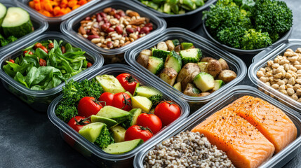 Fresh meal prep containers filled with colorful vegetables, grains, and proteins create vibrant