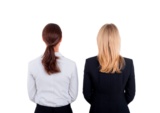 Two women in formal attire with contrasting hair colors from rear view on transparent background, PNG