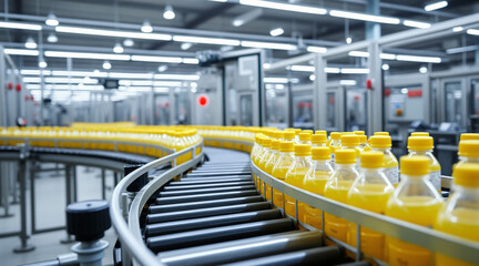 Obraz premium Production line of beverage factory with yellow bottles on conveyor belt in factory setting