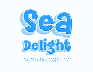 Vector Cool logo Sea Delight. Artistic Blue Font. Glossy 3D Alphabet Letters and Numbers set.