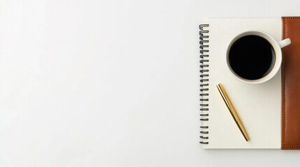 Coffee and notebook on white background
