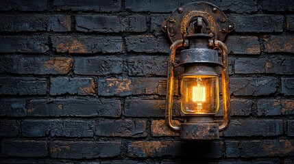 Rusty steampunk lantern on dark brick wall