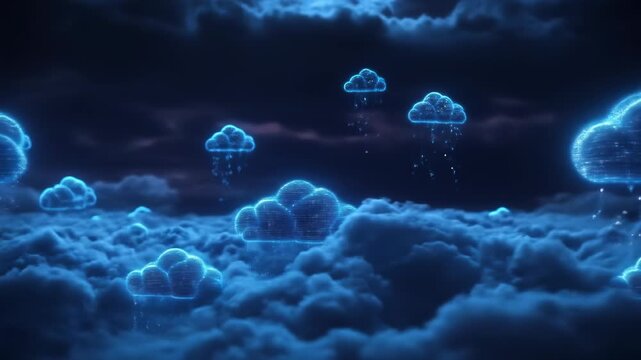 Digital clouds raining data in a dark sky
