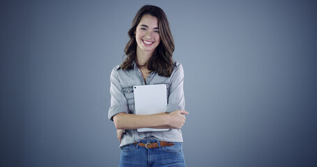 Intern, tablet and startup with portrait of woman in studio for social media, branding and...
