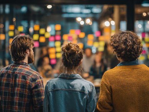 Collaborative team at a creative stand-up meeting using agile methodologies, viewed from behind, in a modern office space