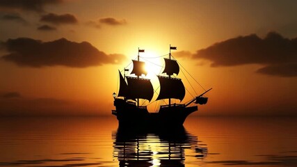 A silhouette of a sailing ship at sunset on the open sea - Powered by Adobe