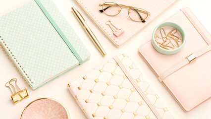 Chic Workspace Flat Lay Pastel Aesthetic Stationery and Gold Accents