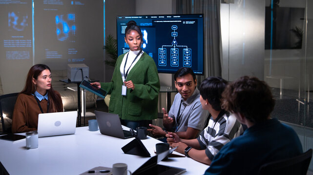 Confident businesswoman leading a diverse team of professionals in corporate boardroom, brainstorming business strategy analyzing financial data, and discussing startup growth and leadership success - Powered by Adobe