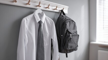 School uniform white shirt and tie hanging next to gray backpack at minimalist home  