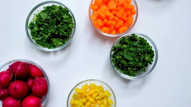 Colorful and healthy vegetable assortment in bowls on a white background, flat lay view, top view