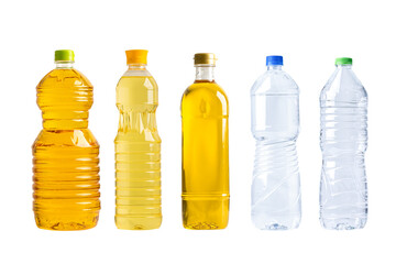 Vegetable oil and water n different bottle for cooking isolated on white background.