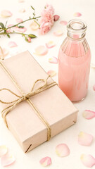 Delicate Pink Still Life Featuring Gift, Bottle and Flower Petals with Soft Lighting and Feminine Aesthetic