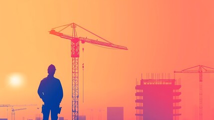 Construction worker surveys a city skyline with cranes at sunset
