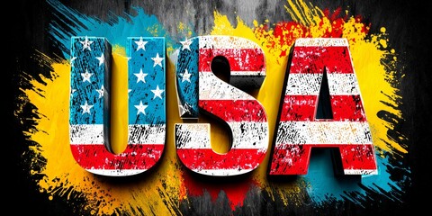 A grunge-style USA flag design with bold text and vibrant paint splashes
