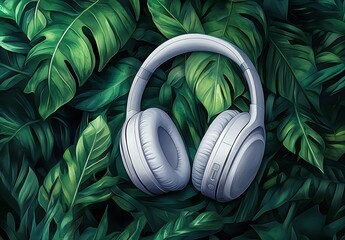Gray Over Ear Headphones on Green Leaves in Peaceful Contrast

