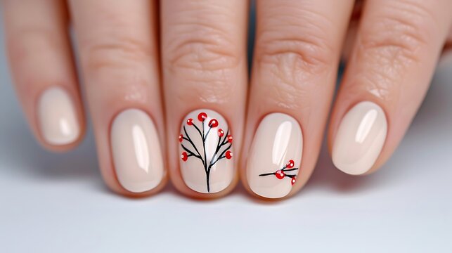 Elegant nude nails with delicate red berry branch art