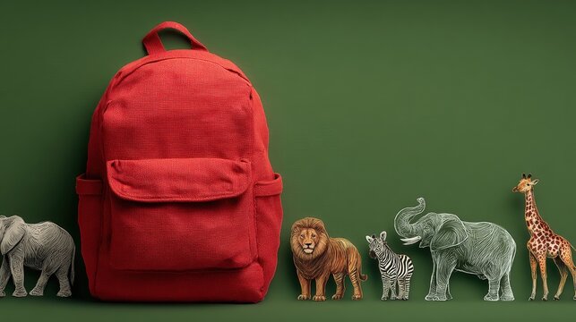 A red backpack stands next to illustrated animal figures, including a lion, zebra, and giraffe, against a green background.