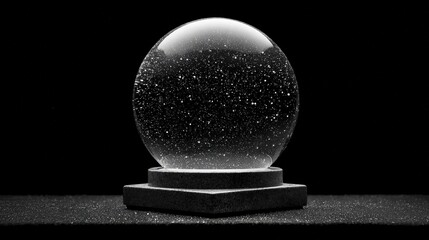 A clear glass snow globe with white specks inside, resting on a dark textured base, set against a black background.