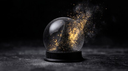 A glass snow globe with golden particles swirling inside, set against a dark background, creating a magical and enchanting atmosphere.